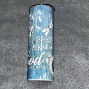 Be‎ Still & Know Blue Wood Dragonflies/Dandelions 20 oz Insulated Skinny Tumbler